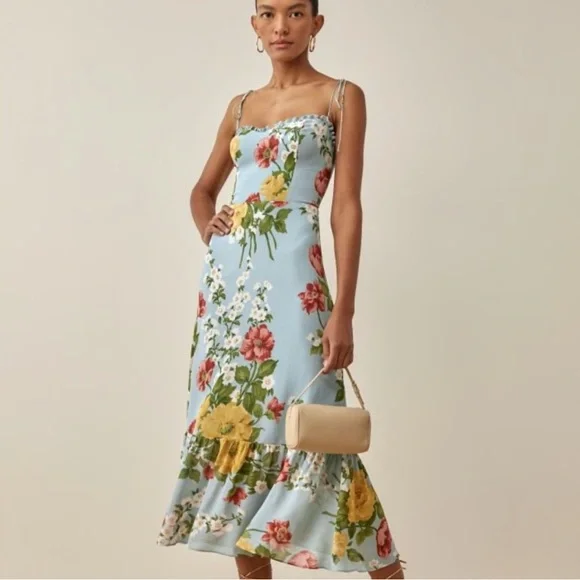 Reformation Floral Midi Dress - Blue, Yellow, Pink - Picture 2 of 6